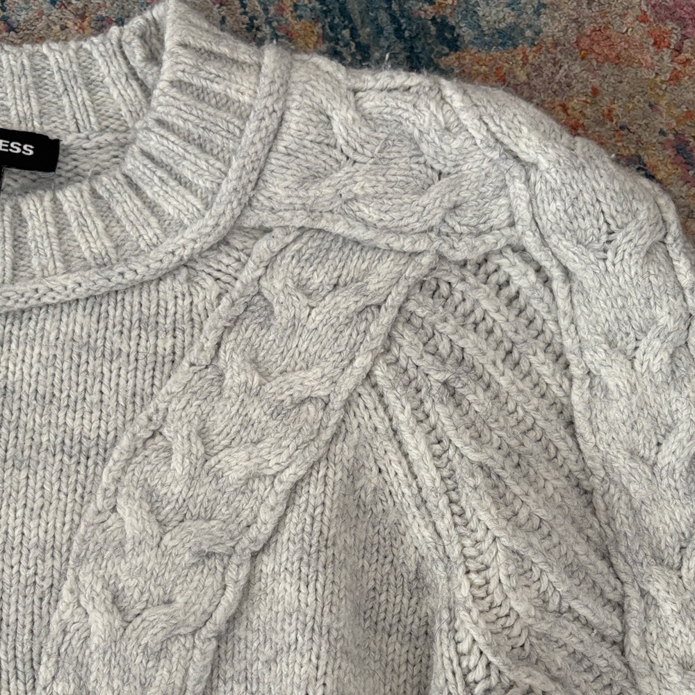 Express Light Gray Cable Knit Sweater w/ puff sleeve - Picture 3 of 7